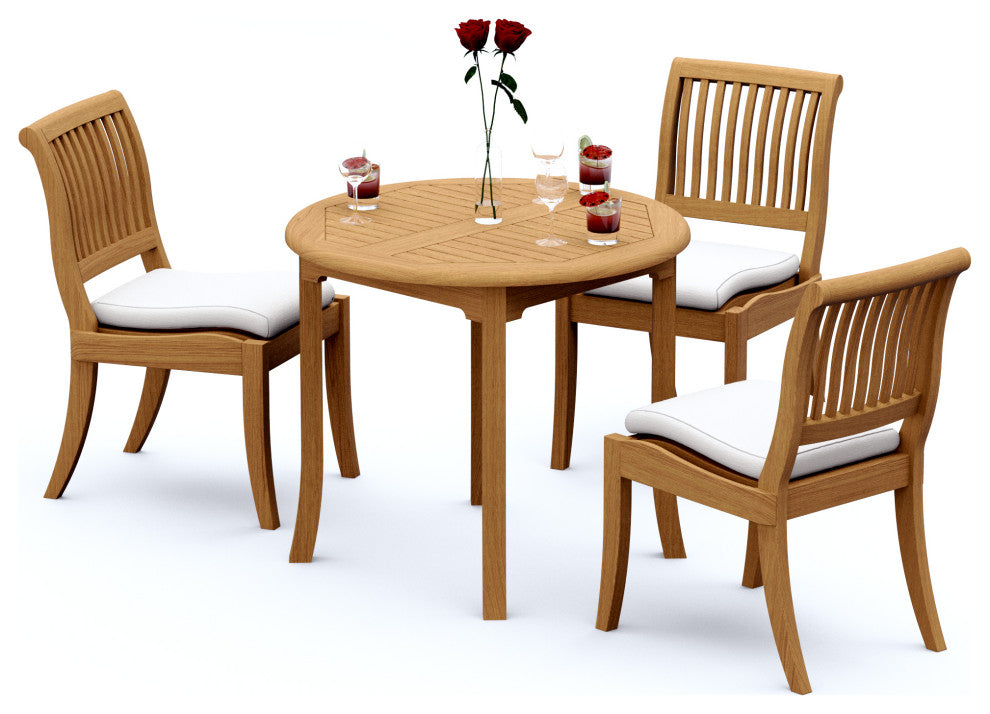 4-Piece Outdoor Teak Dining Set: 36" Round Table, 3 Arbor Armless Stacking Chair