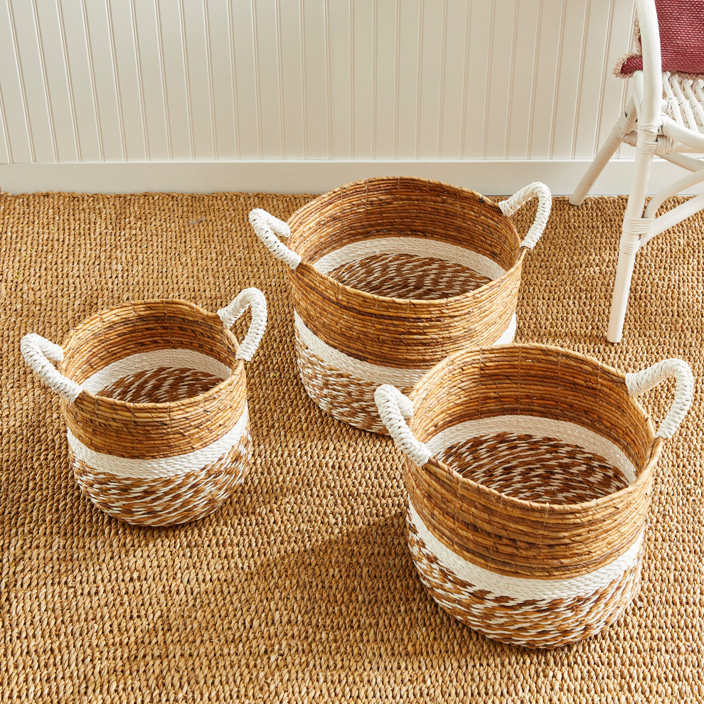 Set 3 Coastal Casual Natural Raffia Round White Stripe Tote Baskets Handle Large
