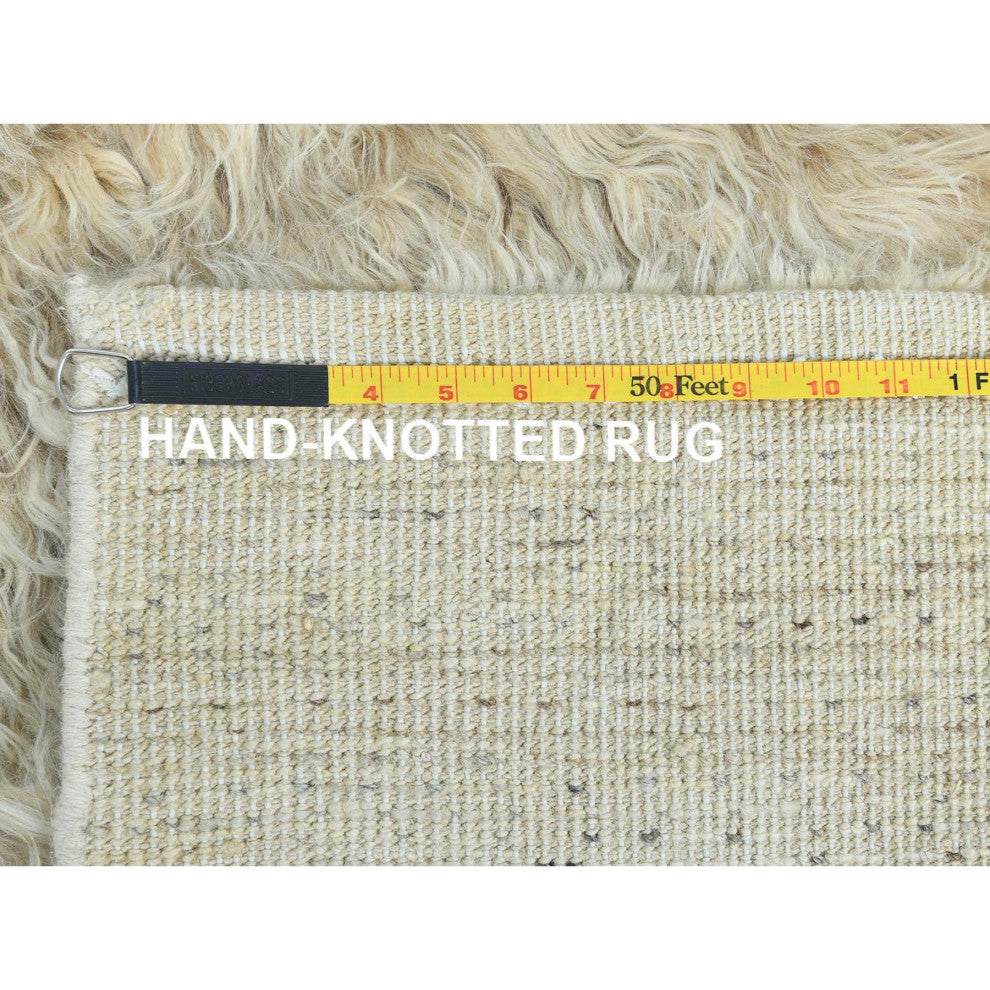Beige Undyed Natural Wool Hand Knotted Shaggy Moroccan Runner Rug, 2'6"x10'0"