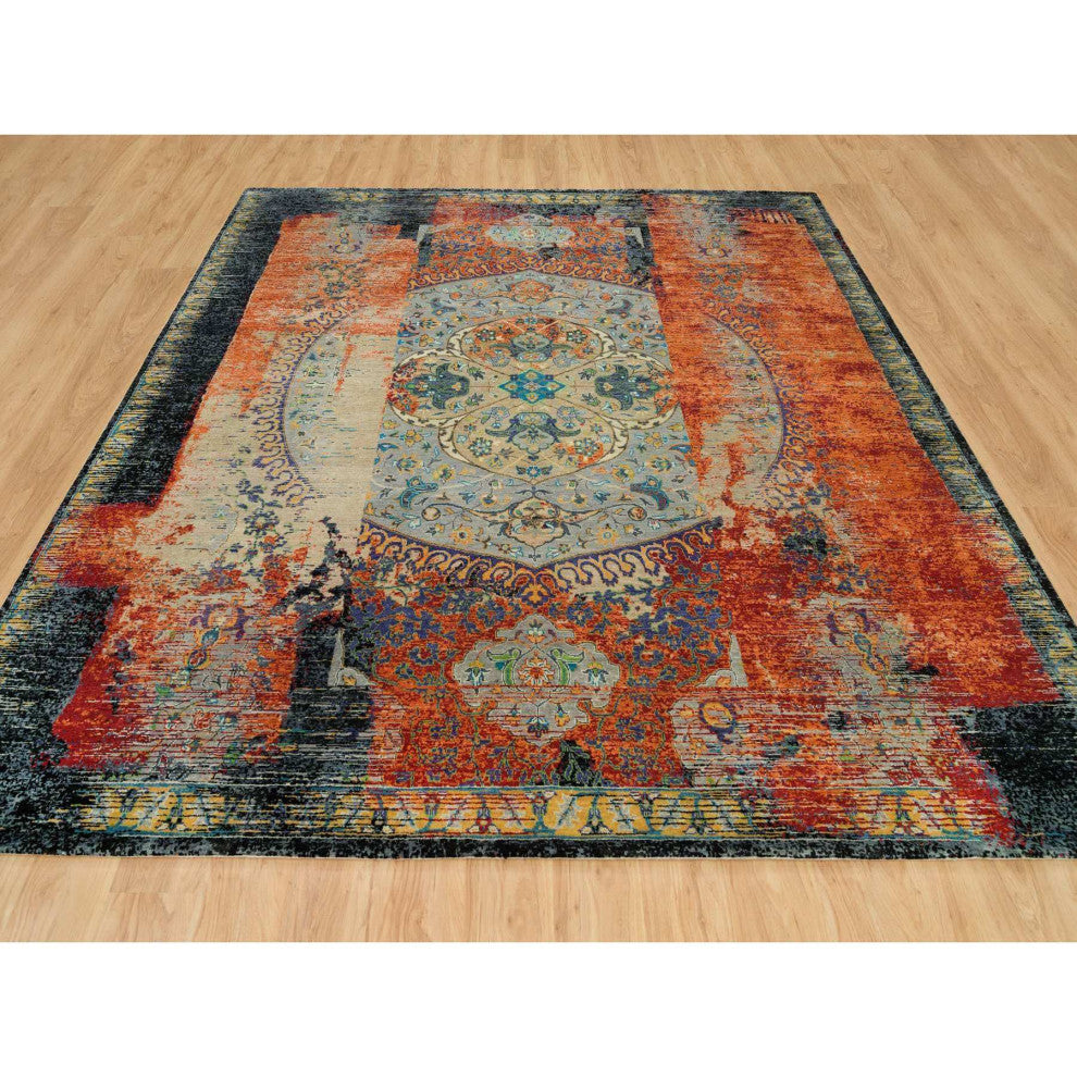 Orange Wool Hand Knotted Ancient Ottoman Erased Design Square Rug 10'2"x10'2"