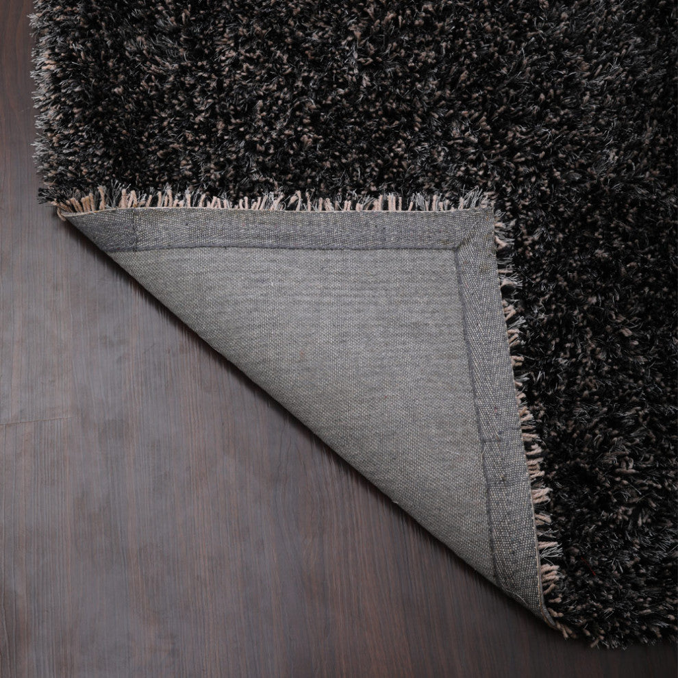 HAND TUFTED SHAG POLYESTER ECO-FRIENDLY AREA RUGS, Black Silver Color, Solid