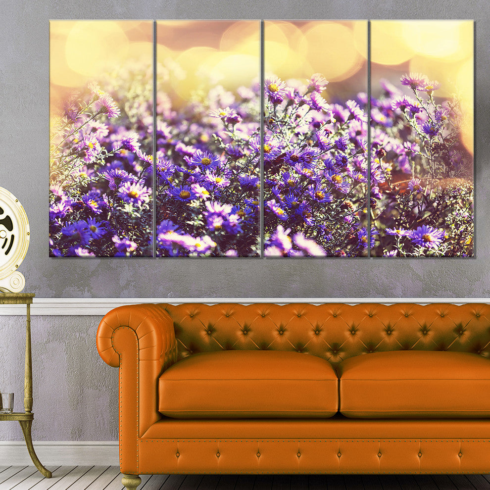 Purple Little Wild Flowers, Floral Canvas Art Print, 48"x28", 4 Panels
