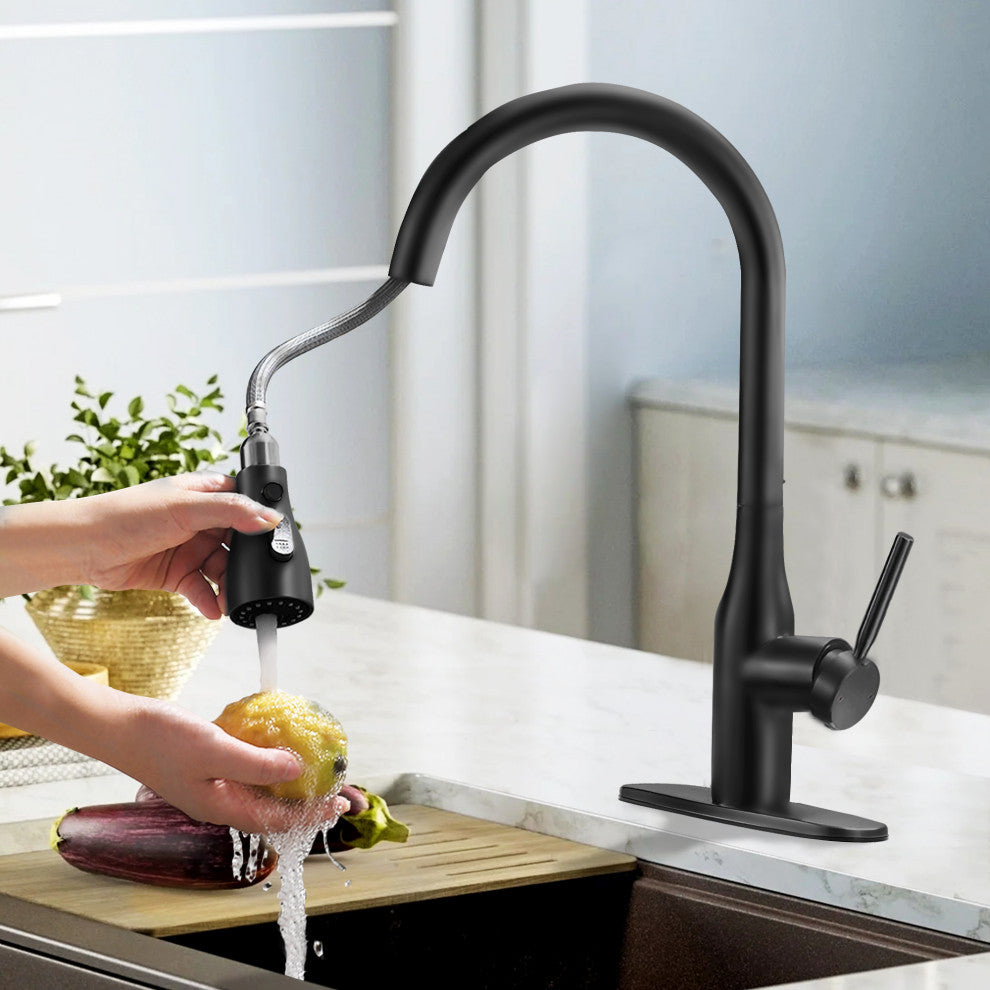 Pull Down Touchless Single Handle Kitchen Faucet with Deck Plate, Matte Black