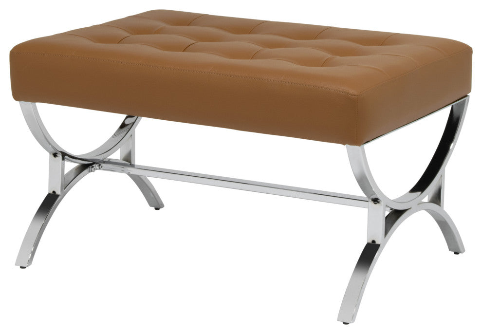 Newel Modern Square Ottoman Blended Leather and Chrome Metal Frame Caramel