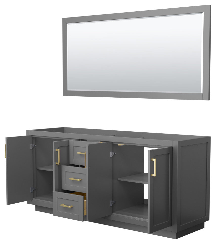 72" Double Bathroom Vanity, Dark Gray, No Countertop, Gold Trim, 70" Mirror