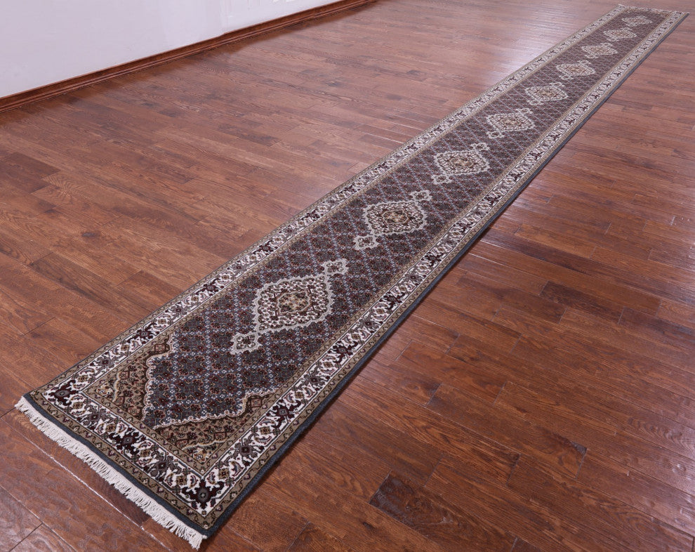 2' 7" X 25' 8" Hand Knotted Wool and Silk Persian Tabriz Runner Rug Q8947