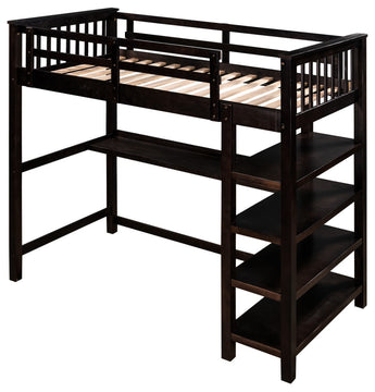 Espresso Twin Size Wood Loft Bed With Storage Shelves and Desk