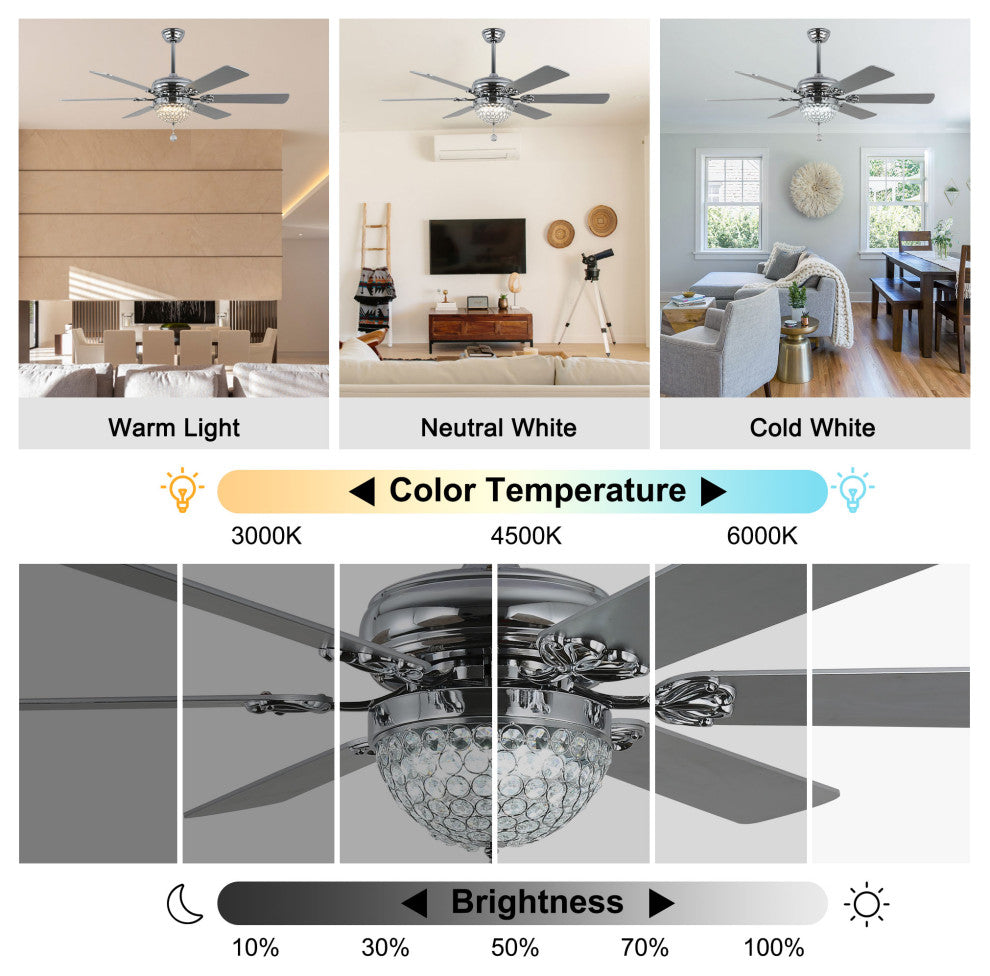 65" Modern Crystal Ceiling Fan with Dimmable LED Light and Remote, Silver