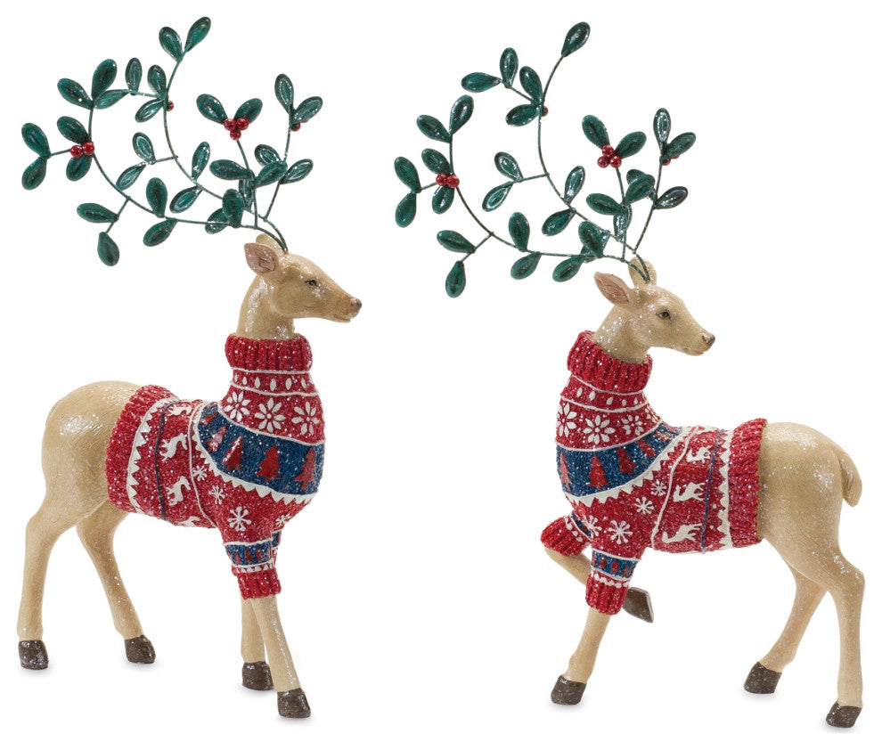 Mistletoe Antler Deer Figurine, 2-Piece Set