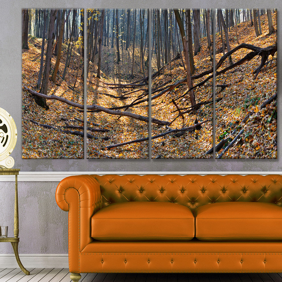 Thick Autumn Forest Panorama, Landscape Canvas Art Print, 48"x28", 4 Panels