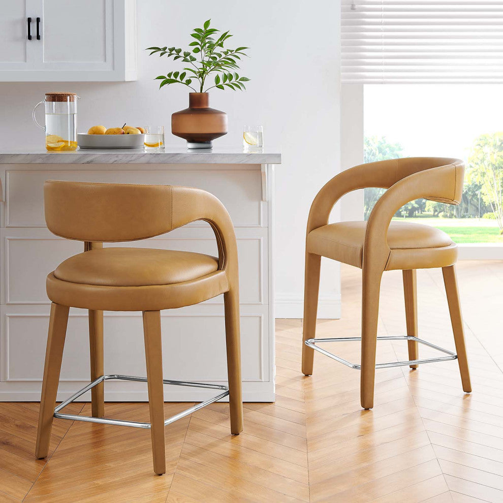 Pinnacle Vegan Leather Counter Stool Set of 2, Tan Silver
