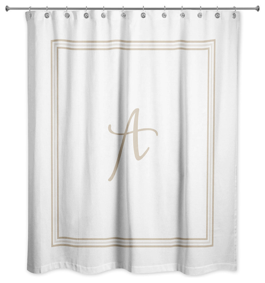 Beige and White Monogrammed Shower Curtain, A