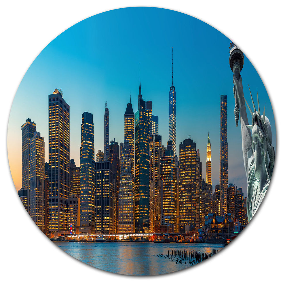 Evening New York City Skyline Panorama, Disc Metal Wall Art, 38"