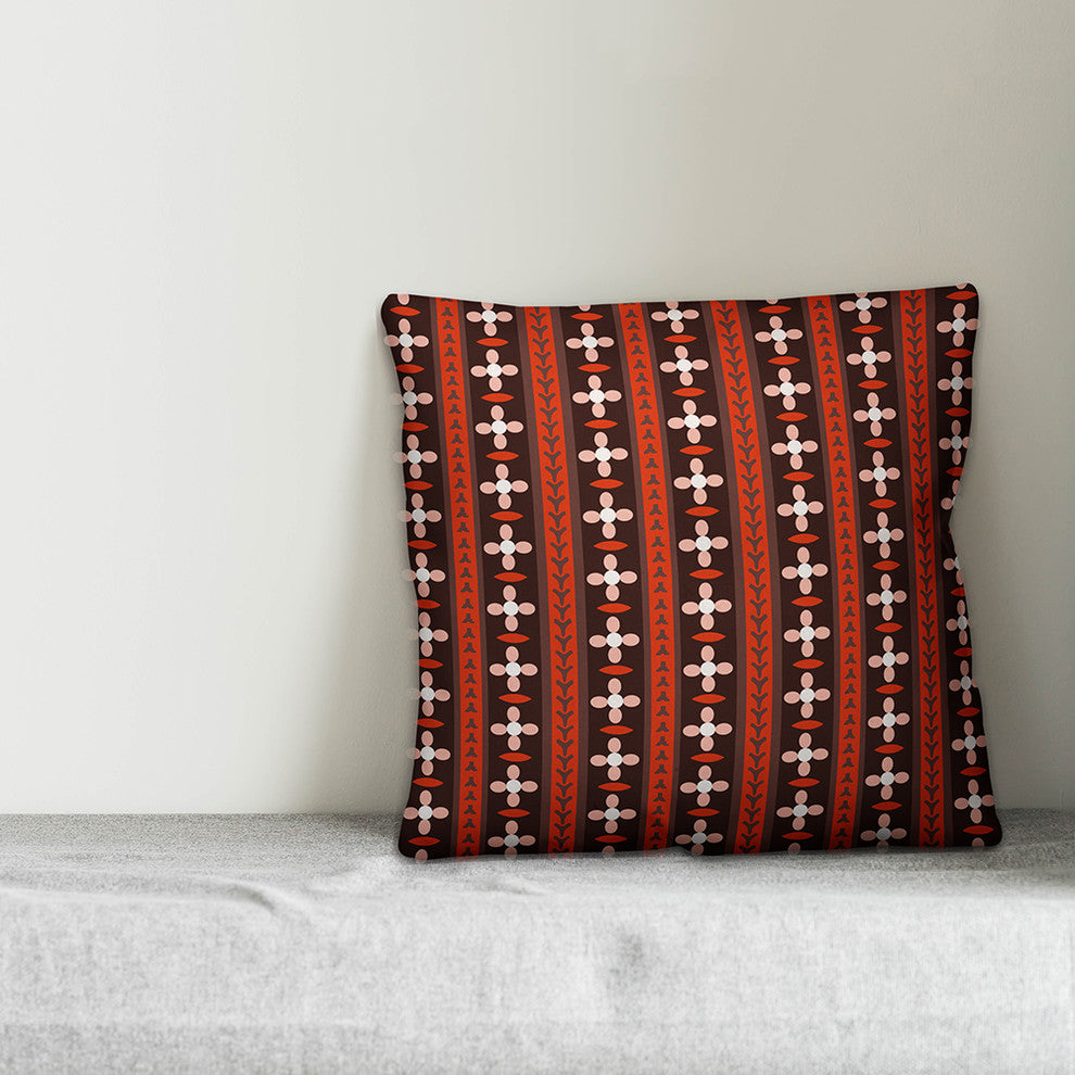 Folk Flower Pattern, Red Throw Pillow, 18"x18"