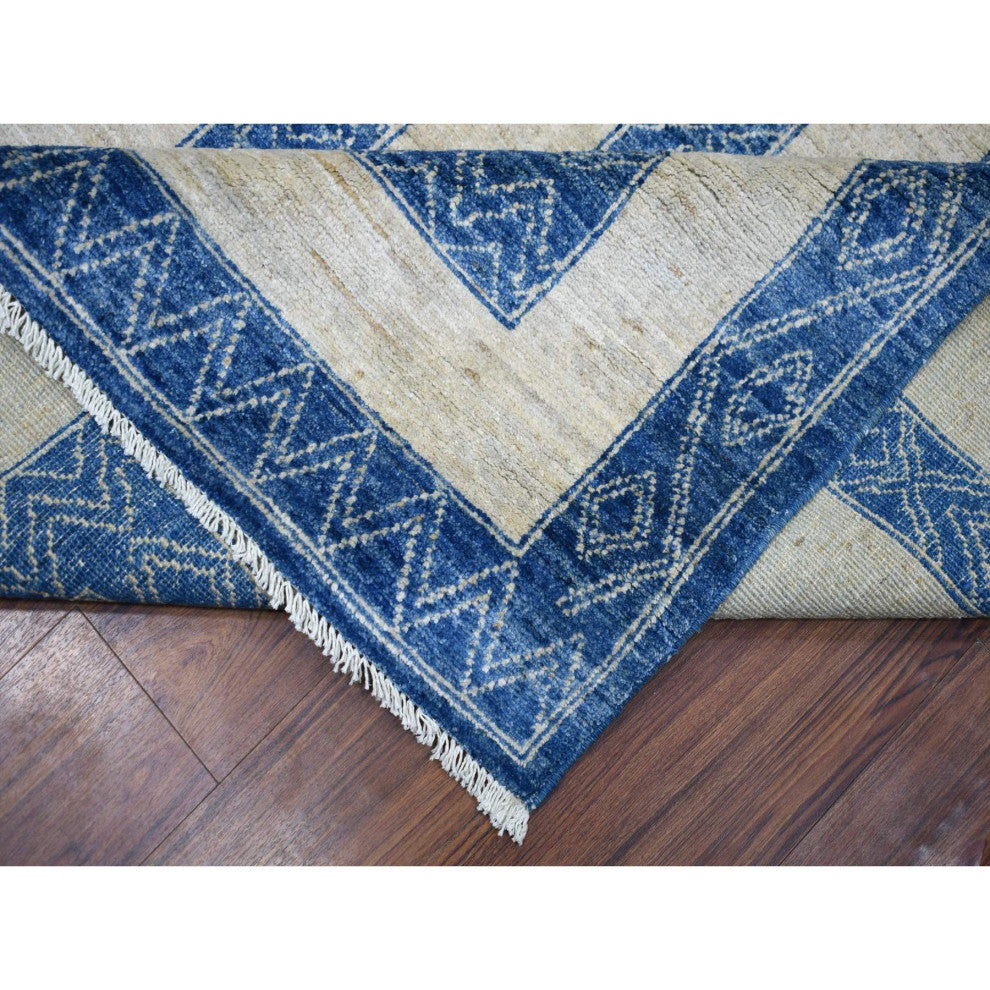 Denim Blue Maze Design With Berber Influence Hand Knotted Wool Rug, 9'2"x11'9"