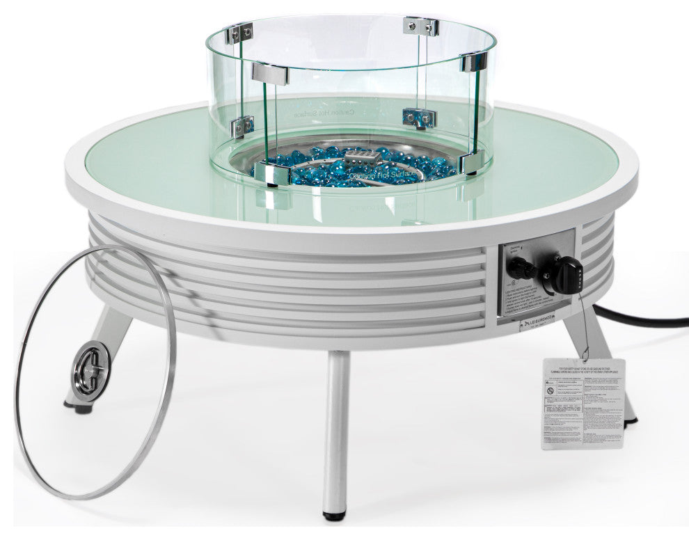 LeisureMod Walbrooke Round Fire Pit Table and Tank Holder With Slats, White