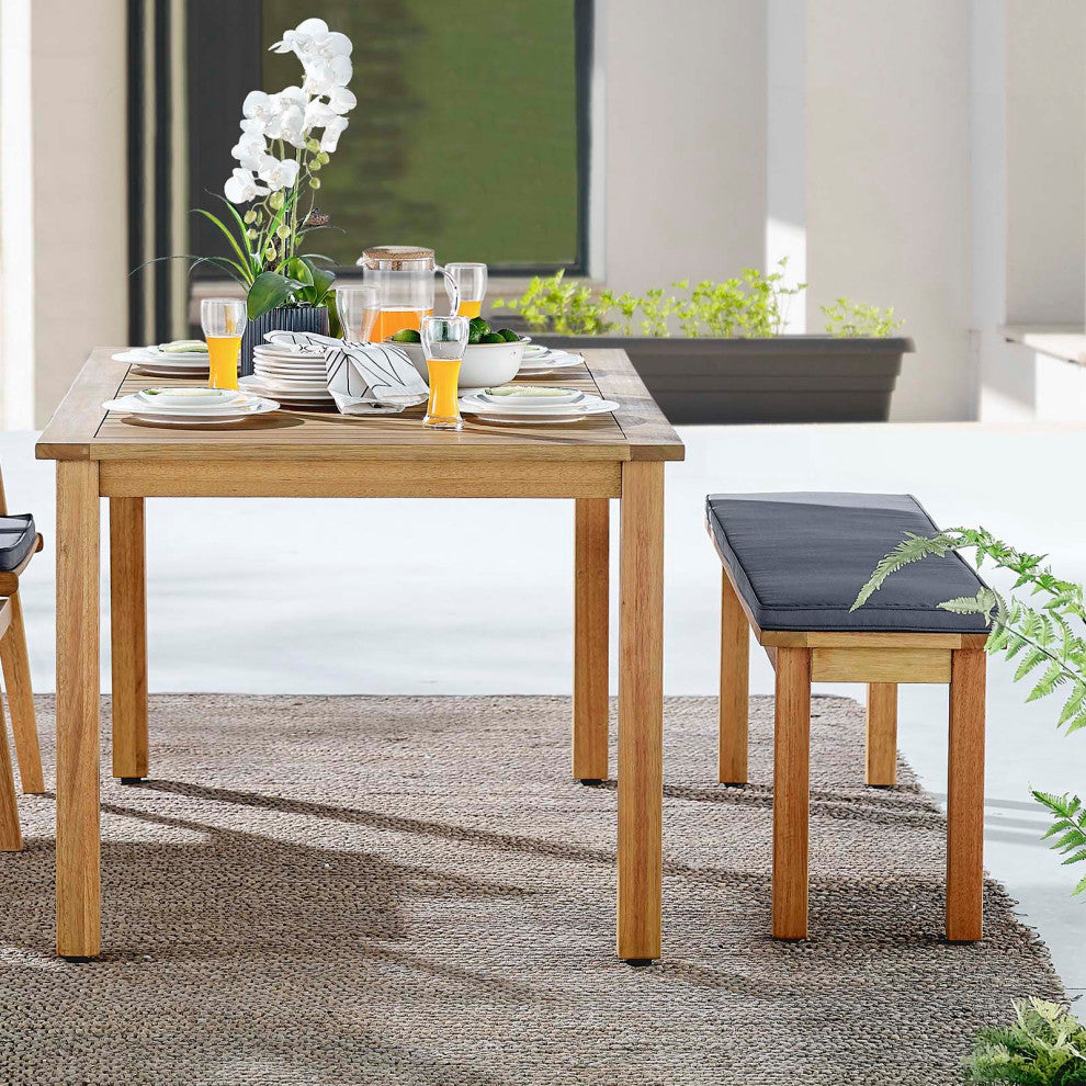 Side Dining Bench Chair and Table Set, Rectangular, Wood, Natural Gray, Outdoor