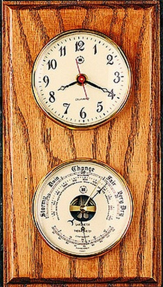 Brass Quartz Clock and Barometer/Thermometer on Oak Weather Station