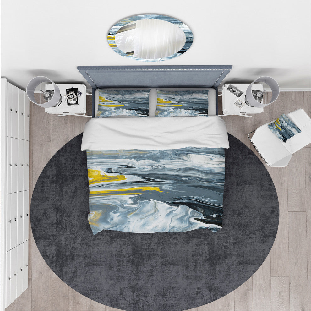 Yellow Gray and White Marble Mid-Century Bedding, Queen