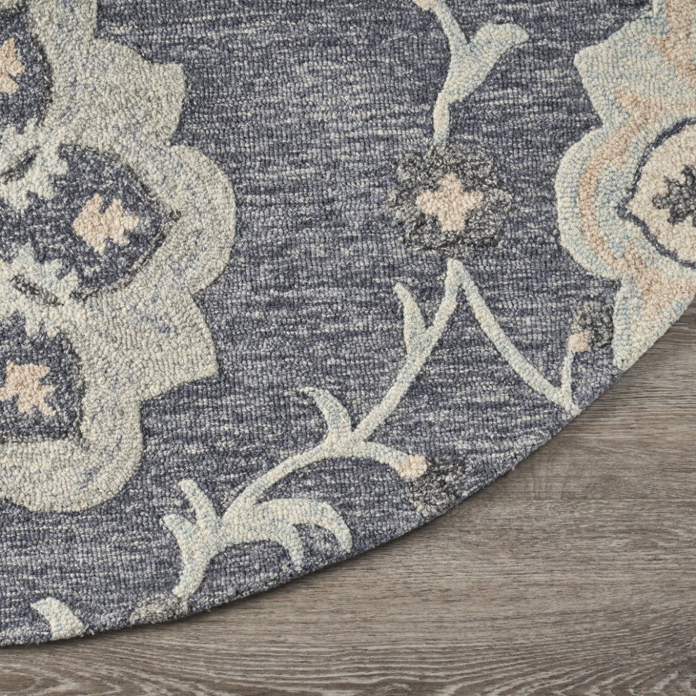 7" Round Gray Floral Trellis Area Rug