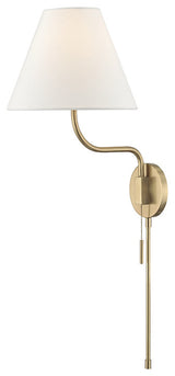 Patti 1-Light Wall Sconce With Plug, Aged Brass Finish, White Linen