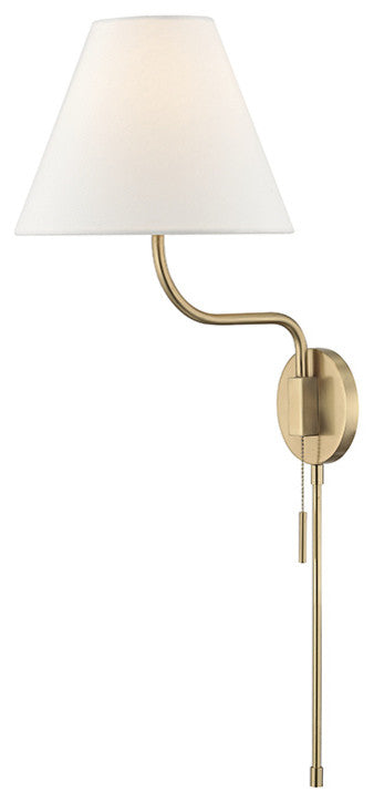 Patti 1-Light Wall Sconce With Plug, Aged Brass Finish, White Linen