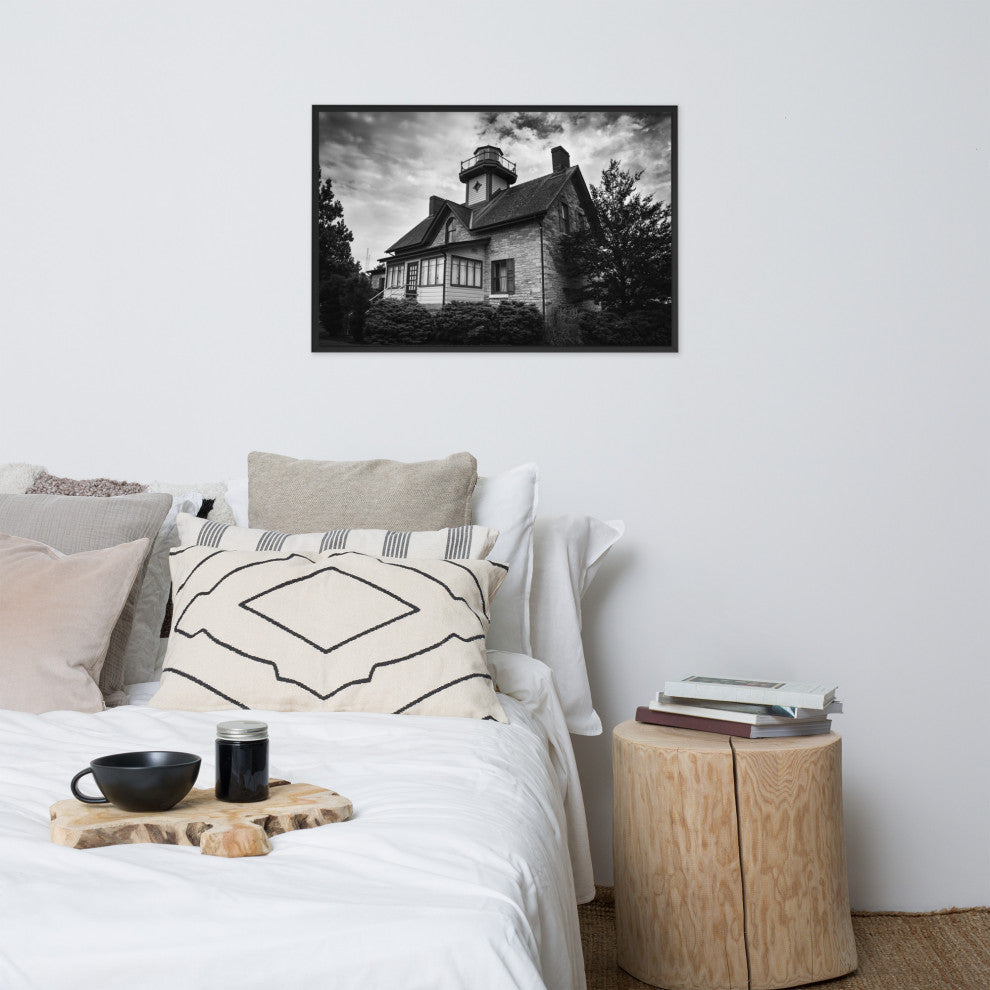 Cedar Point Lighthouse in Black and White Framed Photo Paper Wall Art Prints, Black, 24" X 36"