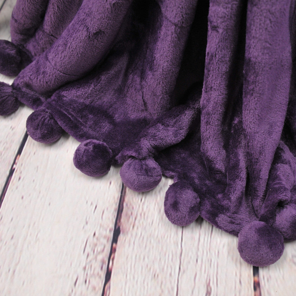 Pom Pom Flannel Fleece Throw Blanket, Blackberry Wine, 50" X 60"