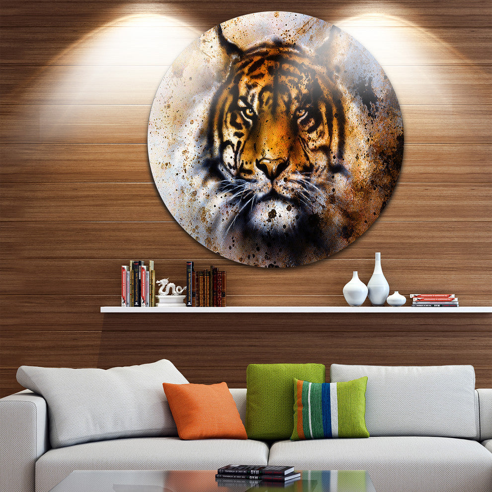 Tiger Collage With Rust Design, Animal Digital Art Round Wall Art, 23"