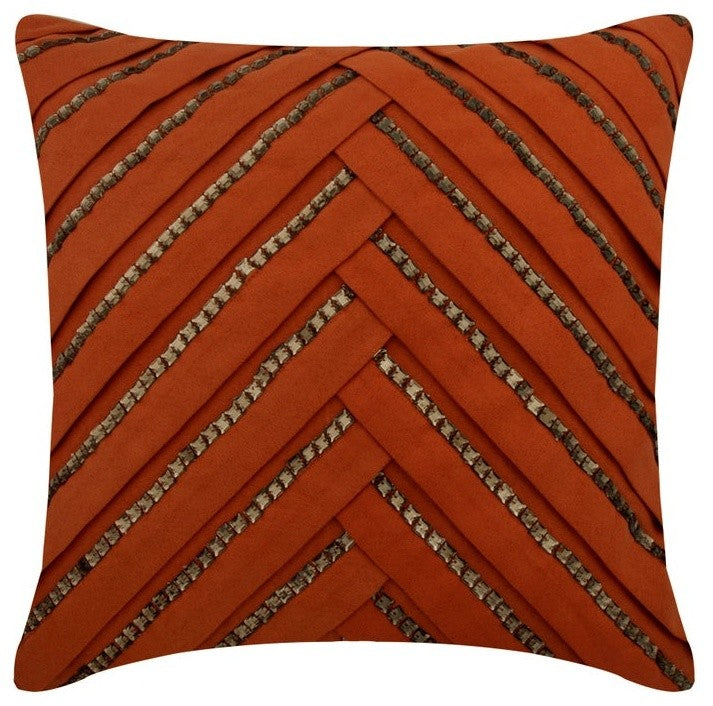 Pleated Crystal Embroidered Orange Suede 16"x16" Pillow Cover, Crystal Rust