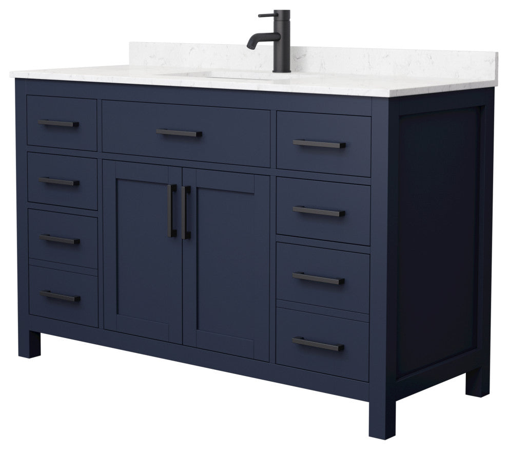 54"SGL Vanity Dark Blue, Carrara Cult. Marble Countertop, Sink, Black Trim