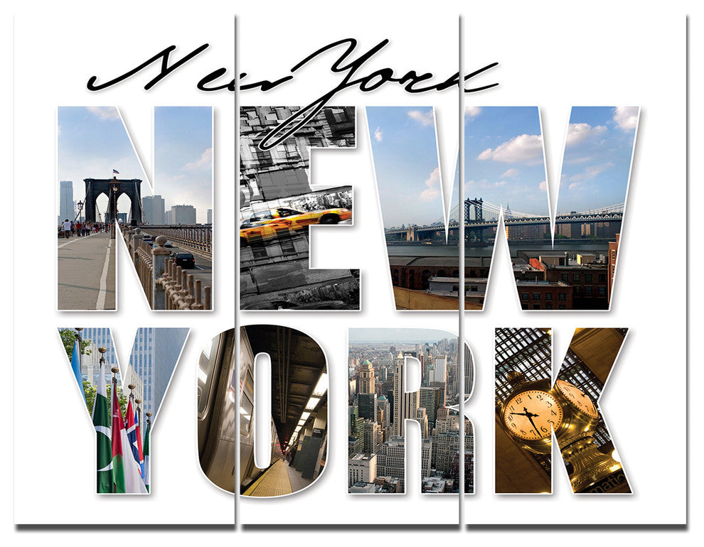New York City Graphic Montage, Cityscape Triptych Canvas Print, 36x28, 3 Panels