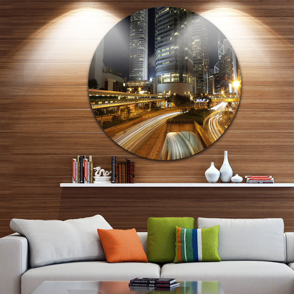 Skyscrapers And Busy Traffic, Cityscape Large Disc Metal Wall Art, 23"