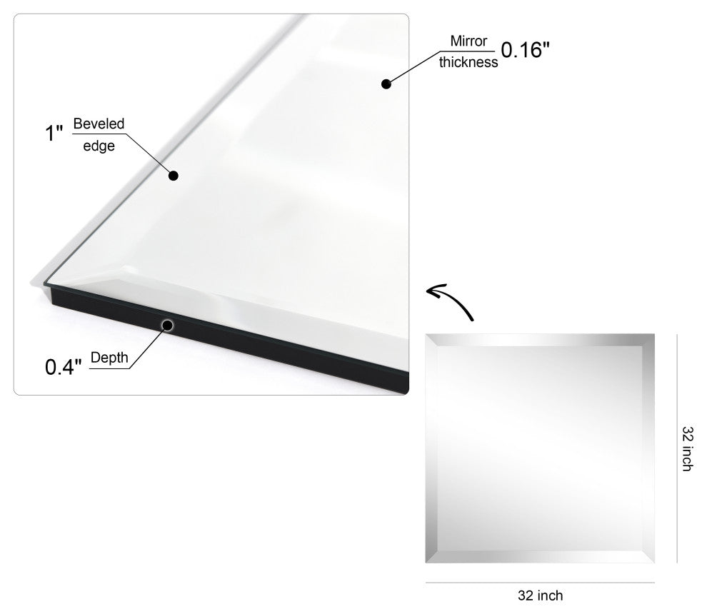 Frameless Beveled Prism Square Wall Mirror, 1" Beveled Edge, 24"x24"