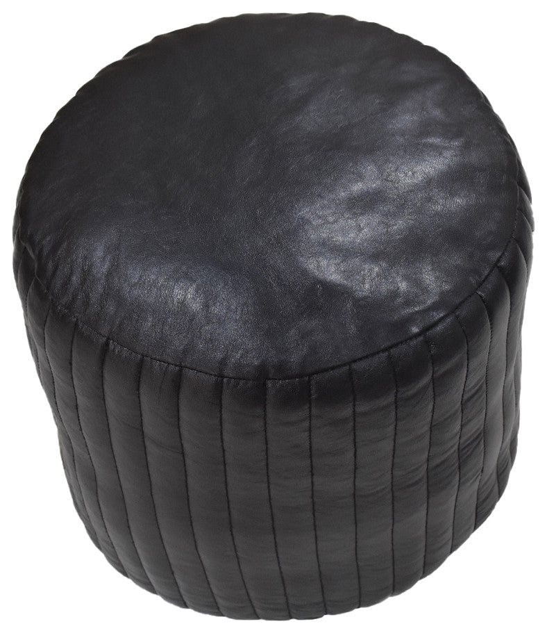 Poufs-Solid Handmade Goat Leather Pouf, Recycled Cotton Fill, Black, 14x14x14 Round.