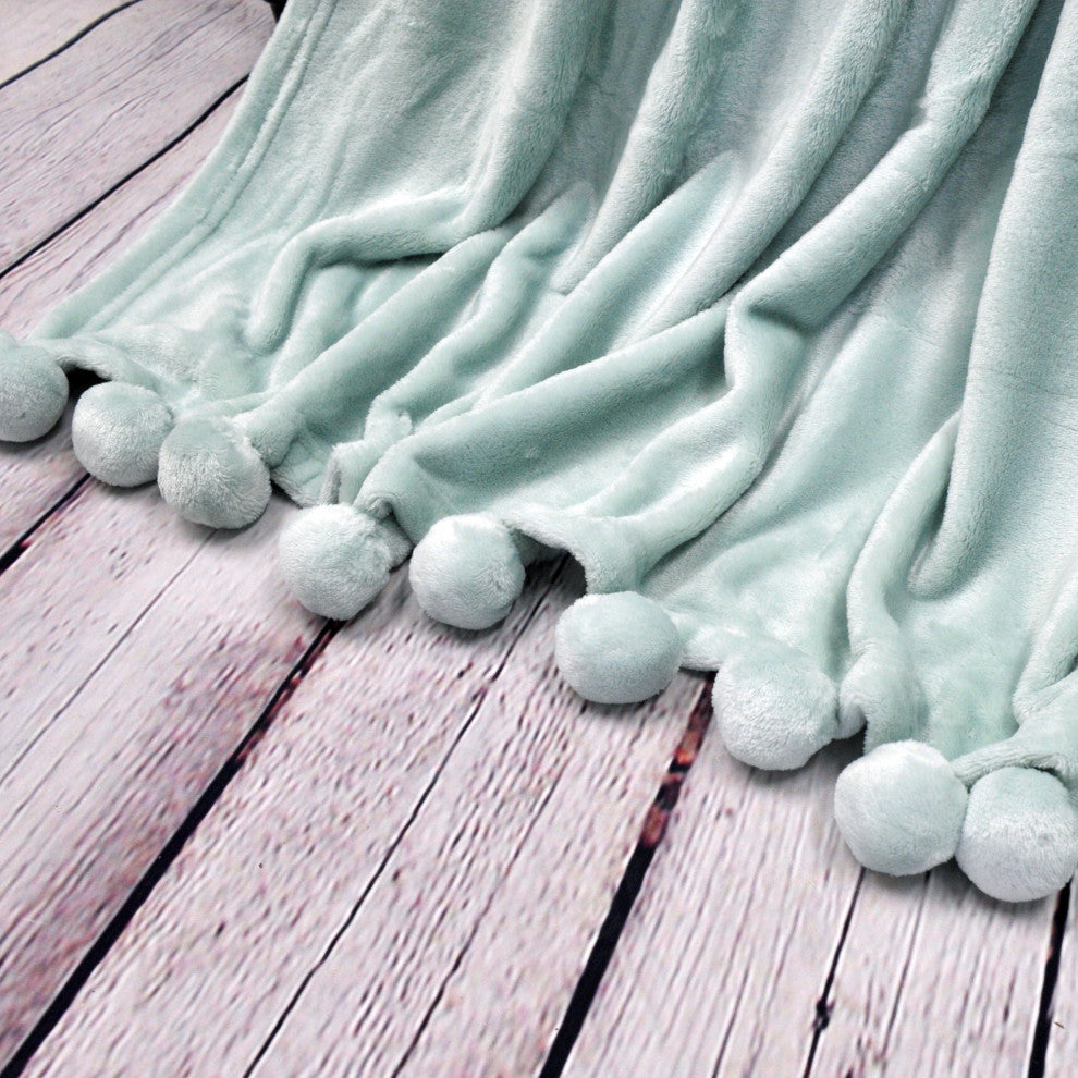 Pom Pom Flannel Fleece Throw Blanket, Harbor Grey, 60" X 80"