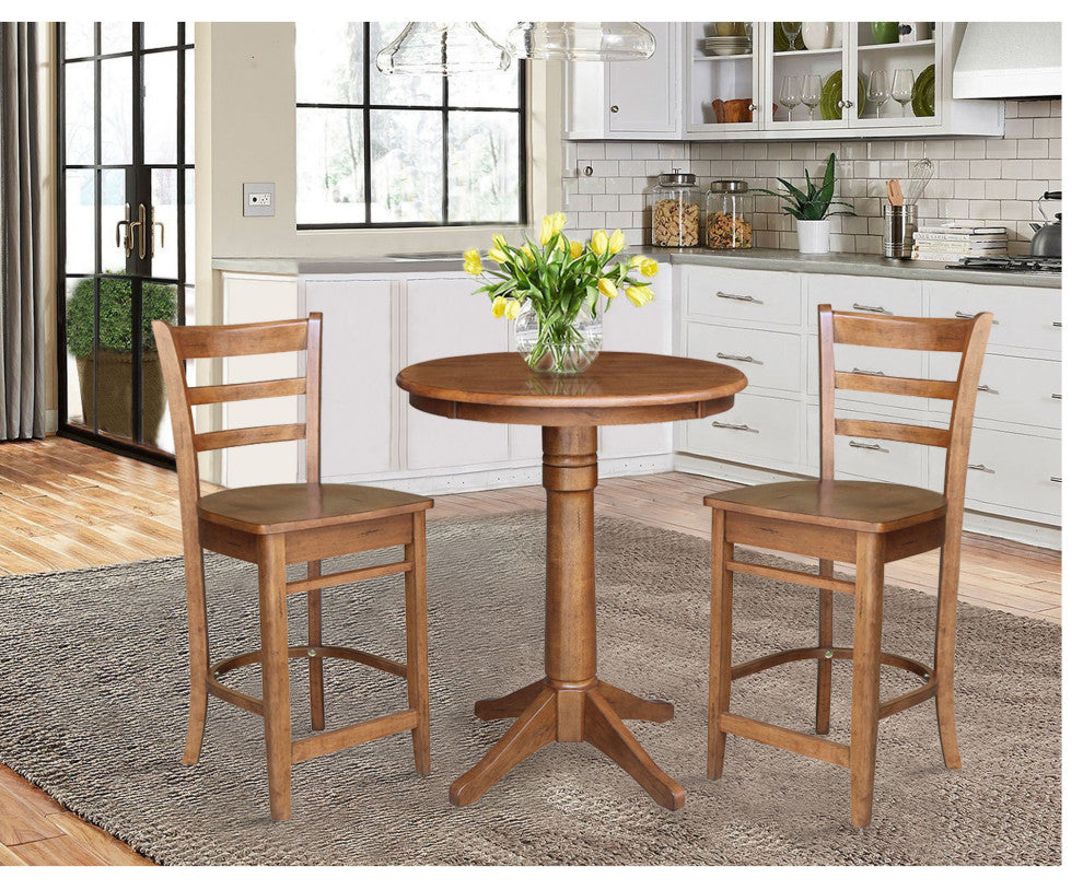 30" Round Pedestal Gathering Height Table with Emily Counter Height Stools, Distressed Oak