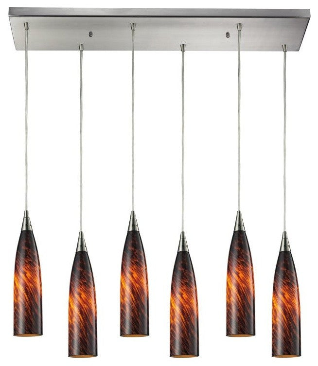 Lungo 6-Light Satin Nickel Pendant, Espresso Glass