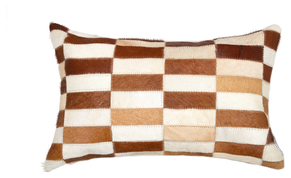 12"x20" Torino Linear Cowhide Pillow, Brown and White