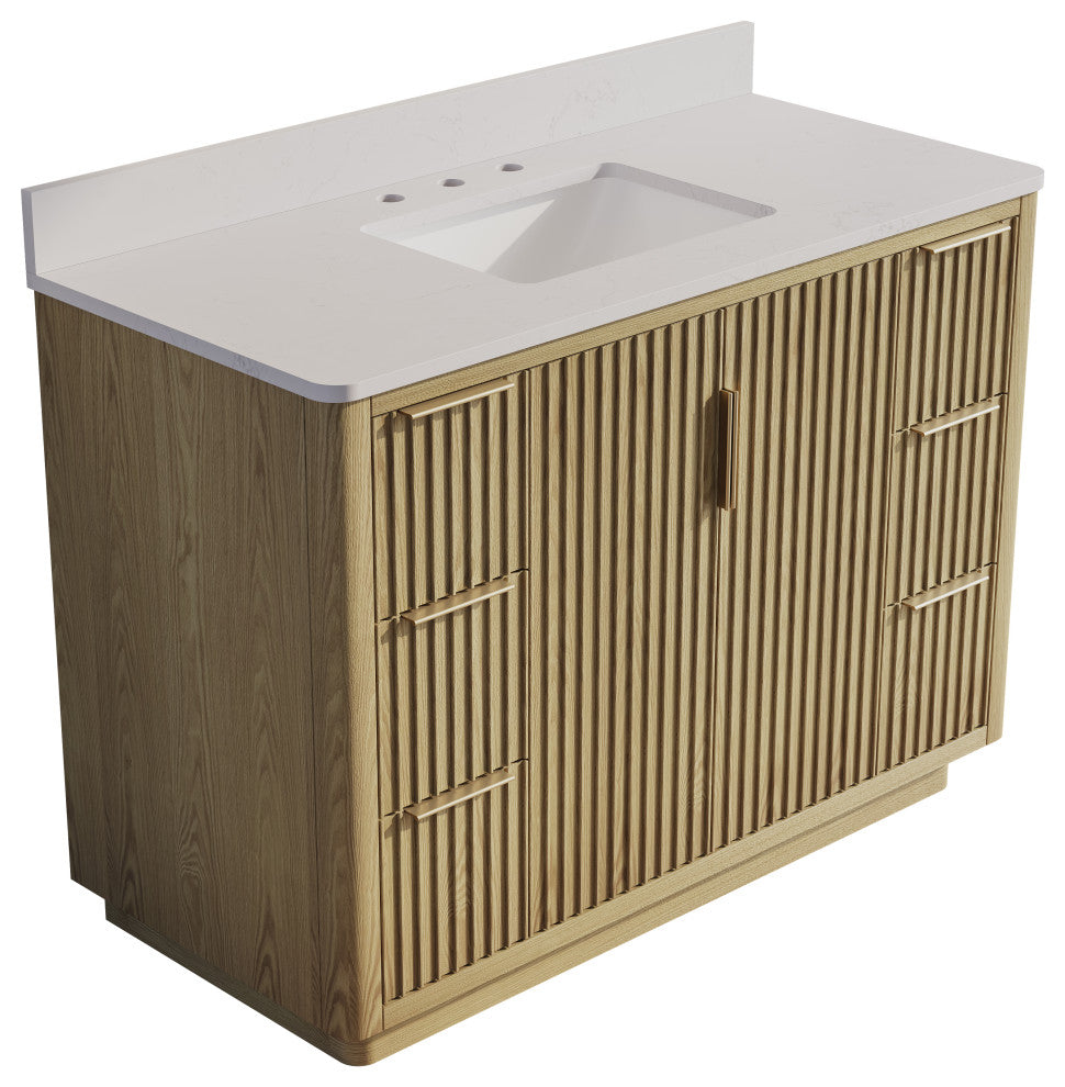 Solid Wood Freestanding Bathroom Vanity with White Quartz Top and Backsplash, 48"