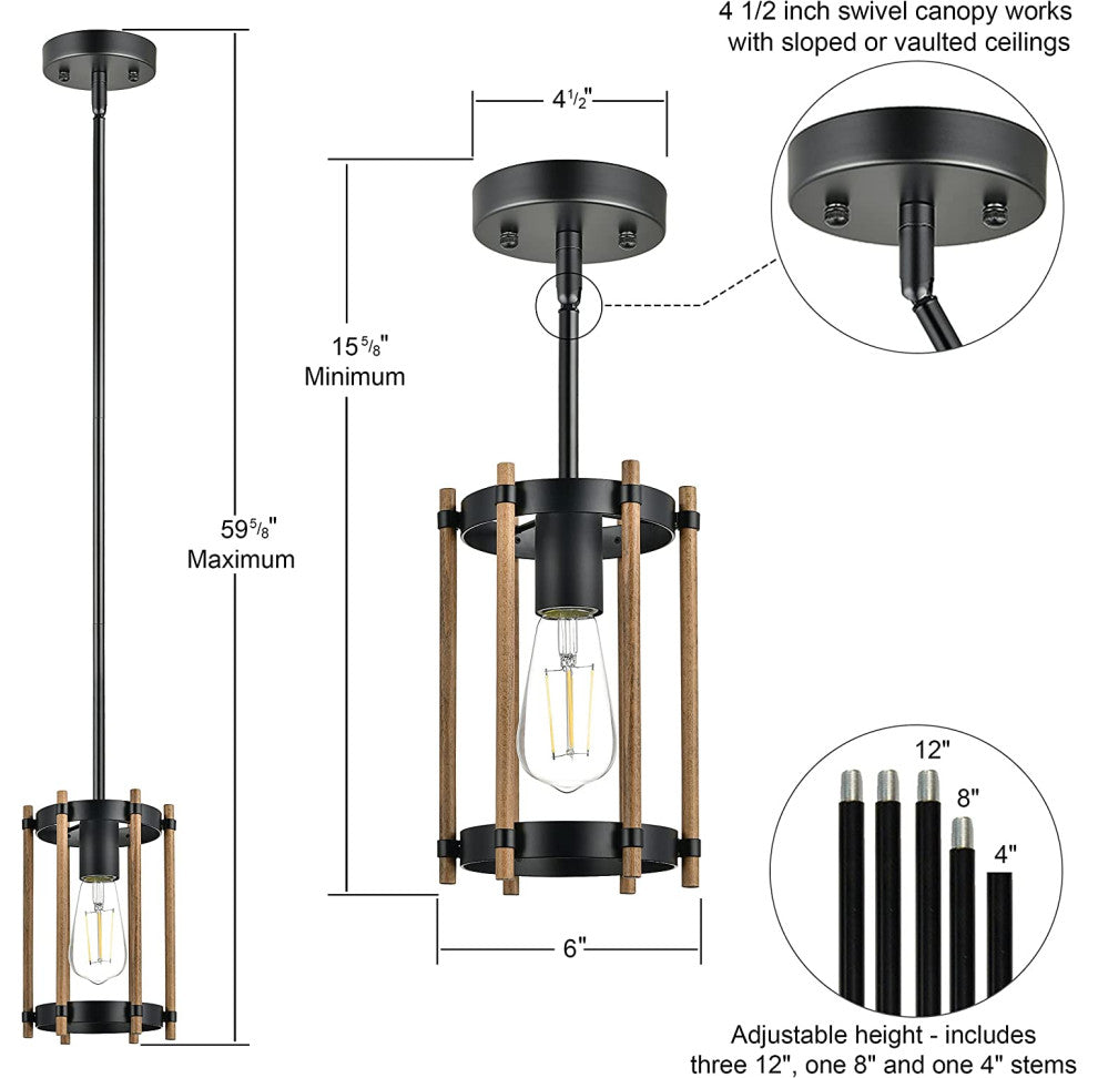 Simplicity Farmhouse Pendant Light, Black, Cage, Wood