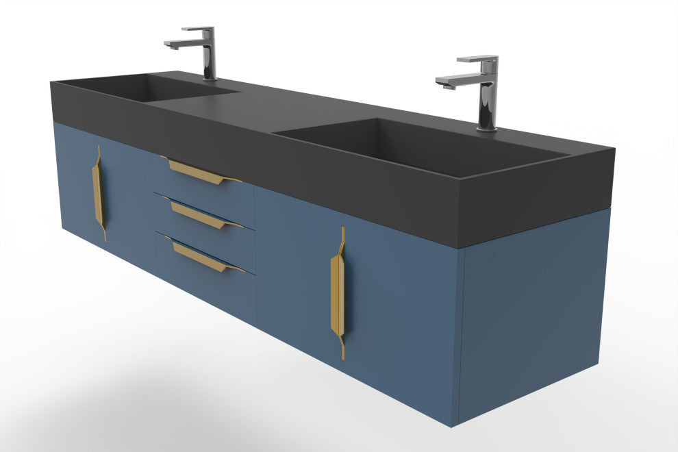 CastelloUSA Amazon 72" Wall Mounted Vanity Set, Blue, Black Top, Gold Handles
