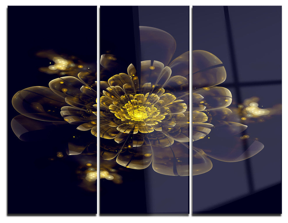 "Golden Metallic Fractal Flower" Digital Metal Wall Art, 3 Panels, 36"x28"
