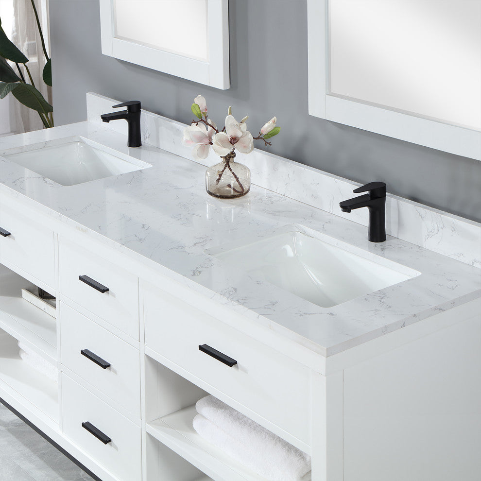 Kesia White Bathroom Vanity Set, 72", With Mirror