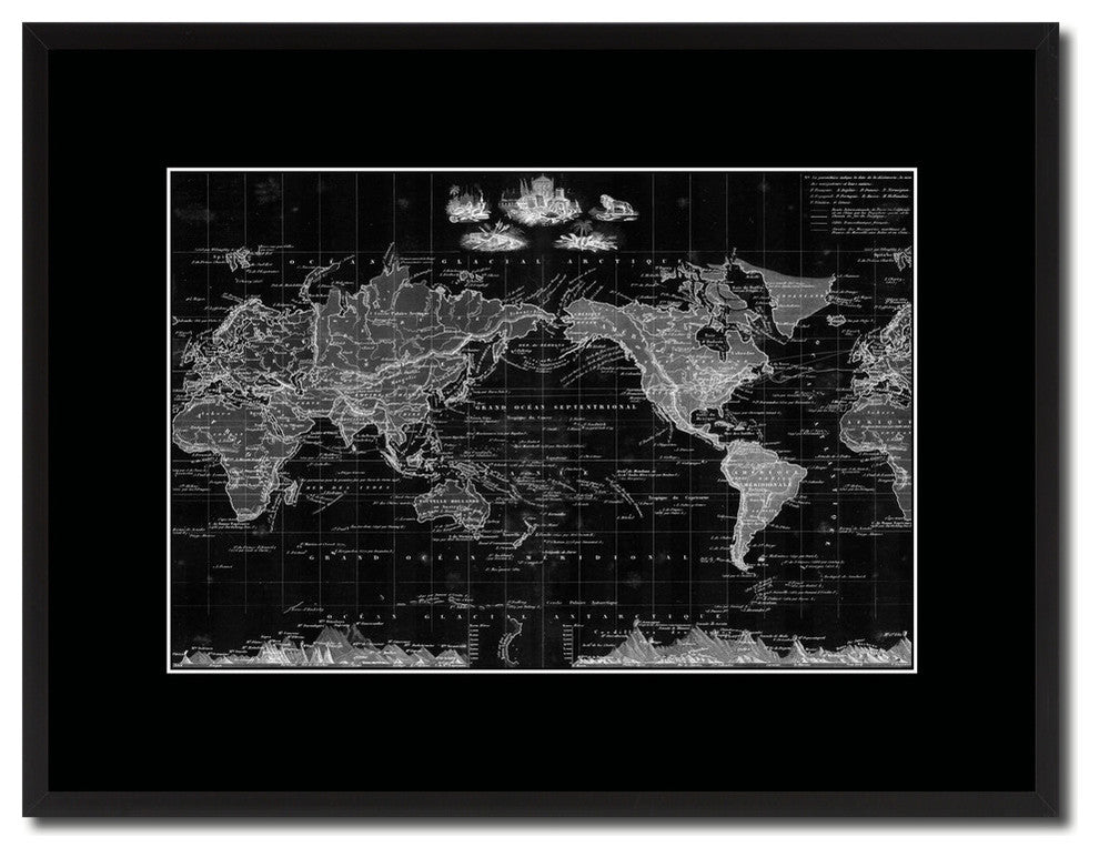 World Vintage Monochrome Map Print On Canvas With Black Custom Frame, 16" X 21"