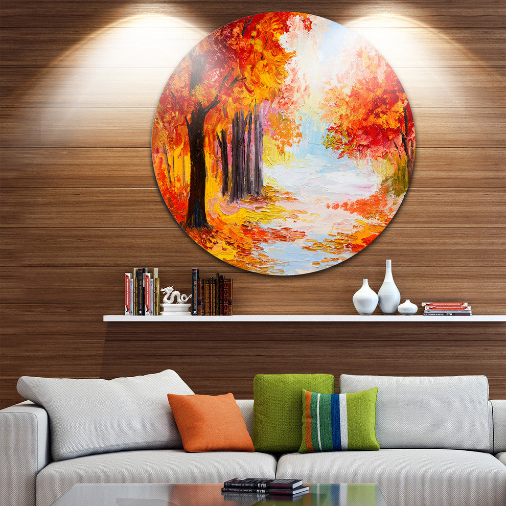 Orange Forest In Autumn, Landscape Disc Metal Artwork, 36"