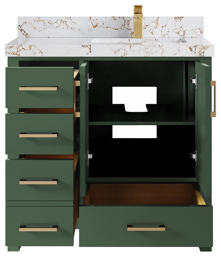 Malibu 36 Right Offset Bath Vanity in Lafayette Green 2" Viola Gold