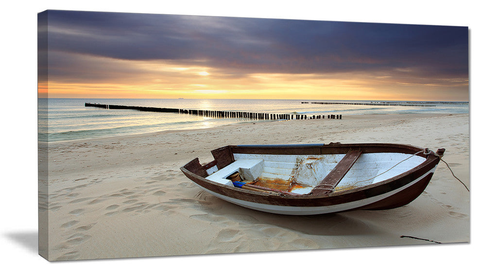 Boat on Beautiful Sunrise Seashore, Large Beach Canvas Wall Art, 32"x16"