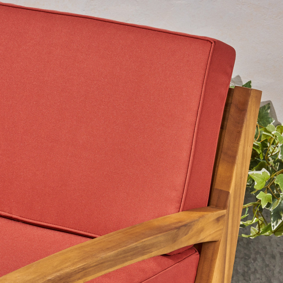 GDF Studio Christian Outdoor Acacia Wood Loveseat/Coffee Set, Teak Finish/Red