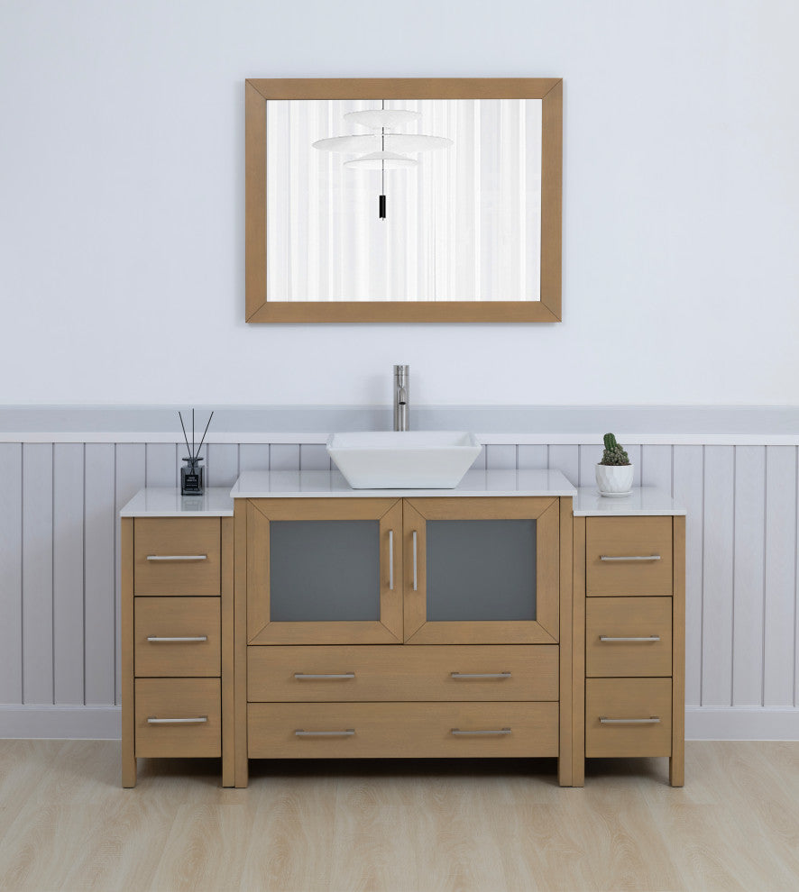 Vanity Art Vanity Set With Vessel Sink, Natural Oak, 60", Standard Mirror